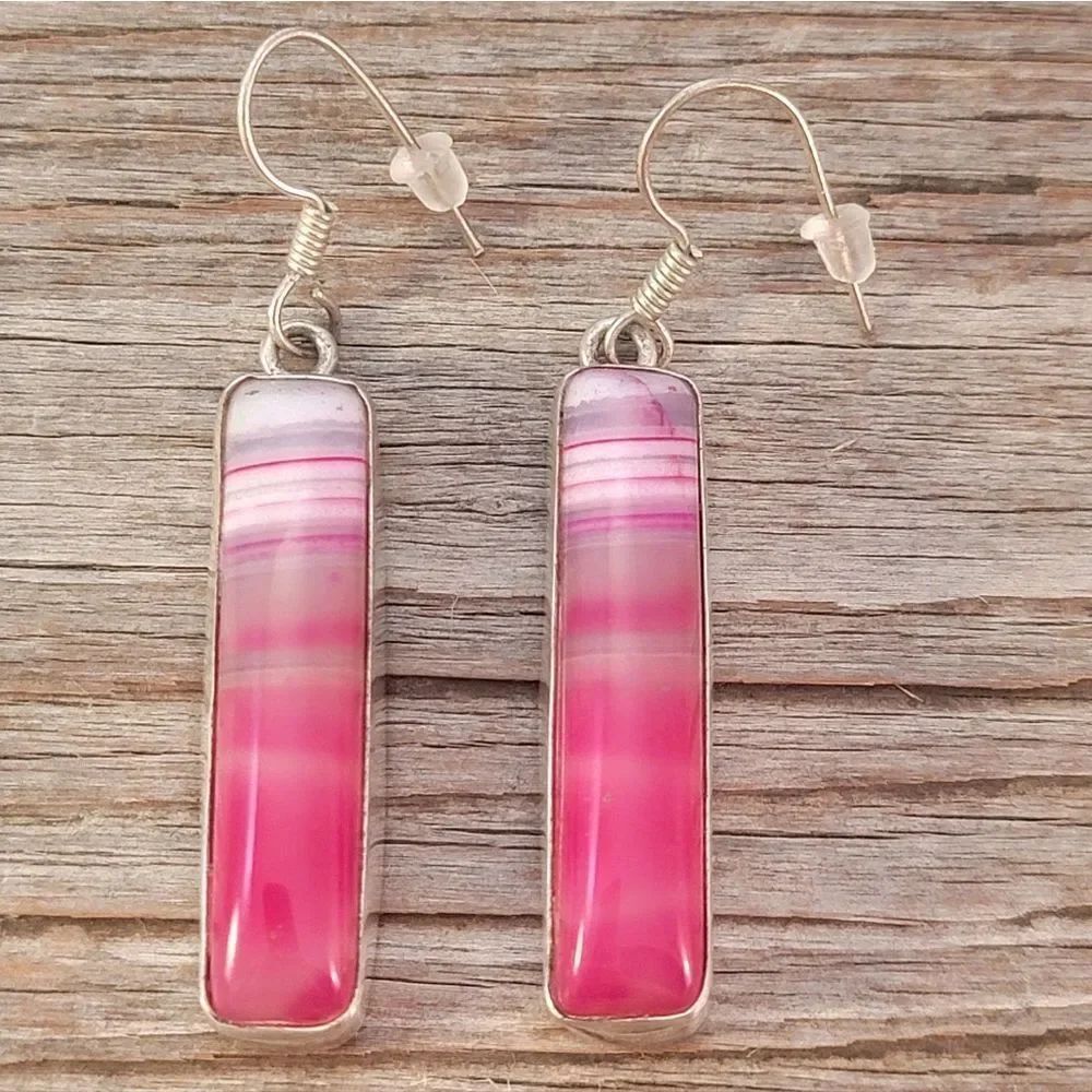 Silver Long Rectangle Pink Agate Bezel Set Dangle Earrings